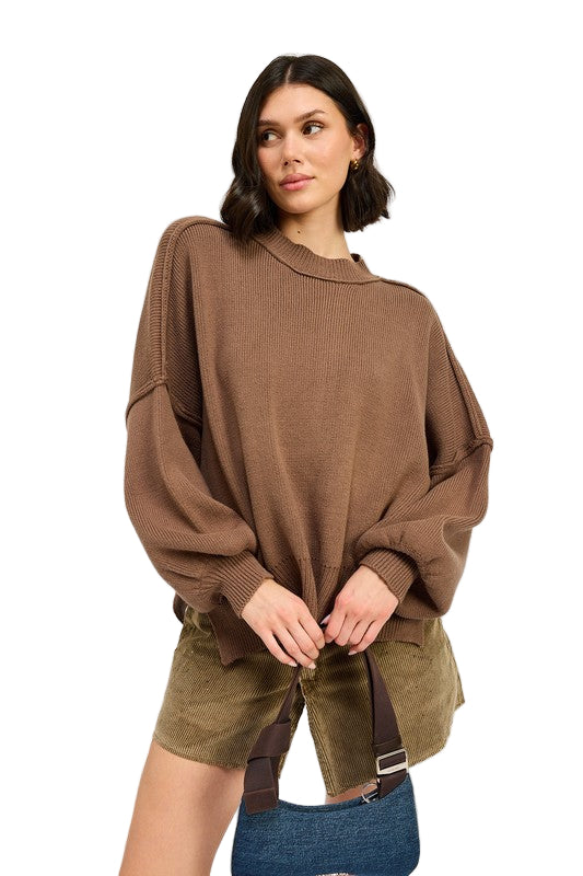 EMORY PARK OVER FITTED LONG SLEEVE SWEATER TOP - Brown - Front View