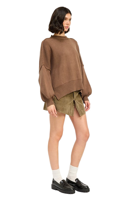 EMORY PARK OVER FITTED LONG SLEEVE SWEATER TOP - Brown - Side Full View
