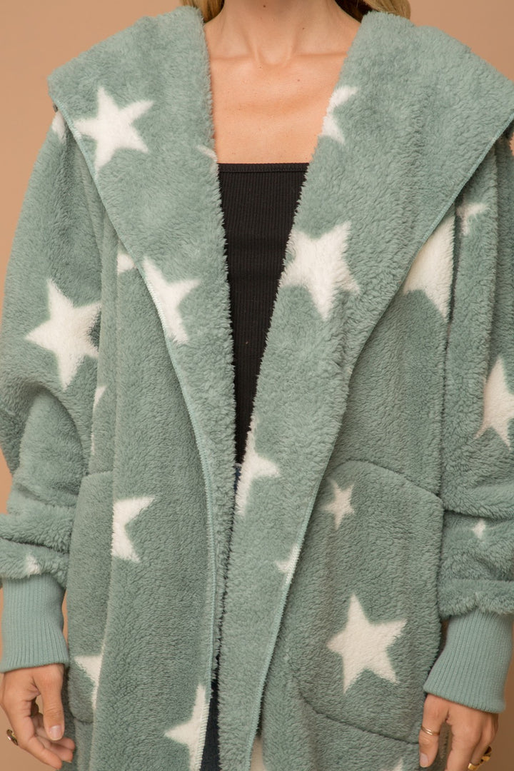 Hem & Thread Star Print Fuzzy Hooded Jacket 8431W