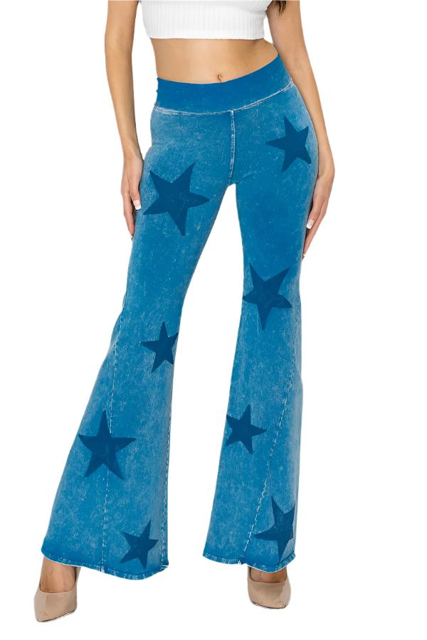 T-Party Mineral Wash Star Print Fold Over Waist Flare Pants - Blue - Front View