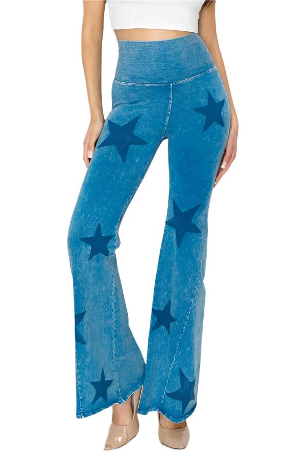 T-Party Mineral Wash Star Print Fold Over Waist Flare Pants - Blue - Front View