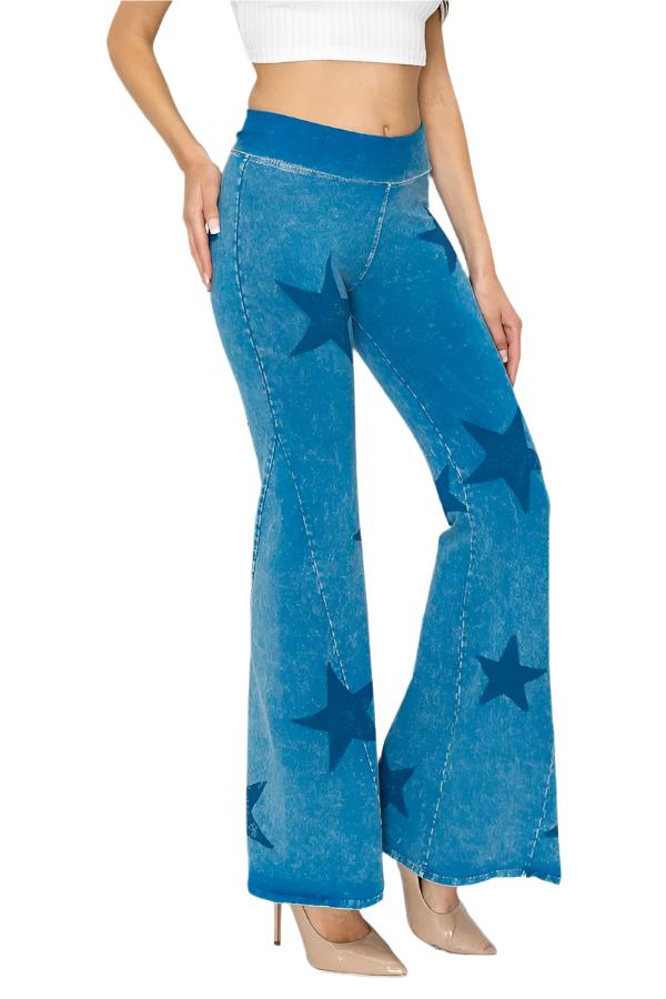 T-Party Mineral Wash Star Print Fold Over Waist Flare Pants - Blue - Side View