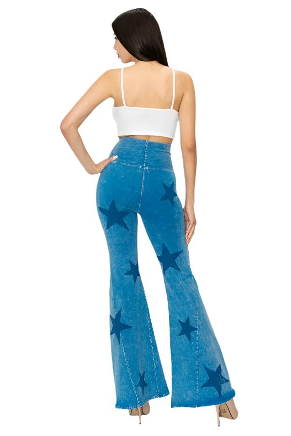 T-Party Mineral Wash Star Print Fold Over Waist Flare Pants - Blue - Back Full View