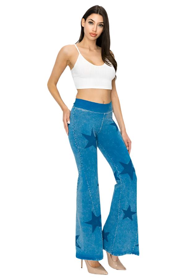 T-Party Mineral Wash Star Print Fold Over Waist Flare Pants - Blue - Front Side Full View