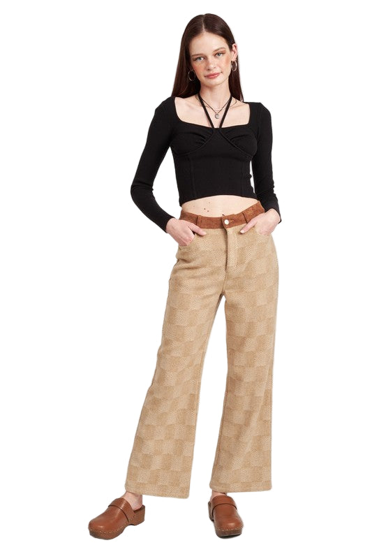 EMORY PARK PLAID WIDE LEG PANTS - Tan Multi - Front Full View