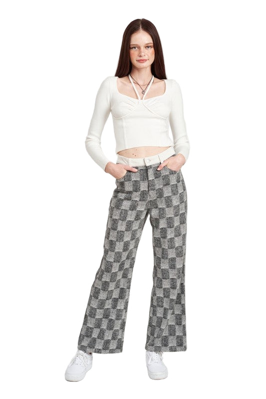 EMORY PARK PLAID WIDE LEG PANTS - Black Multi - Front Full View