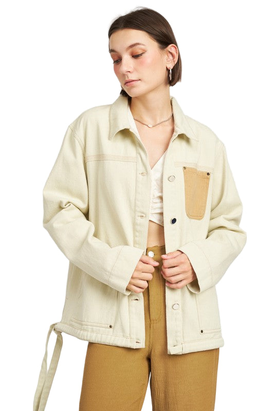 EMORY PARK CONTRASTED DENIM JACKET WITH DRAWSTRING - Ivory - Front View