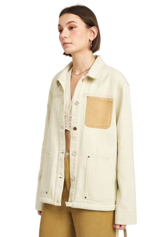 EMORY PARK CONTRASTED DENIM JACKET WITH DRAWSTRING - Ivory - Side View