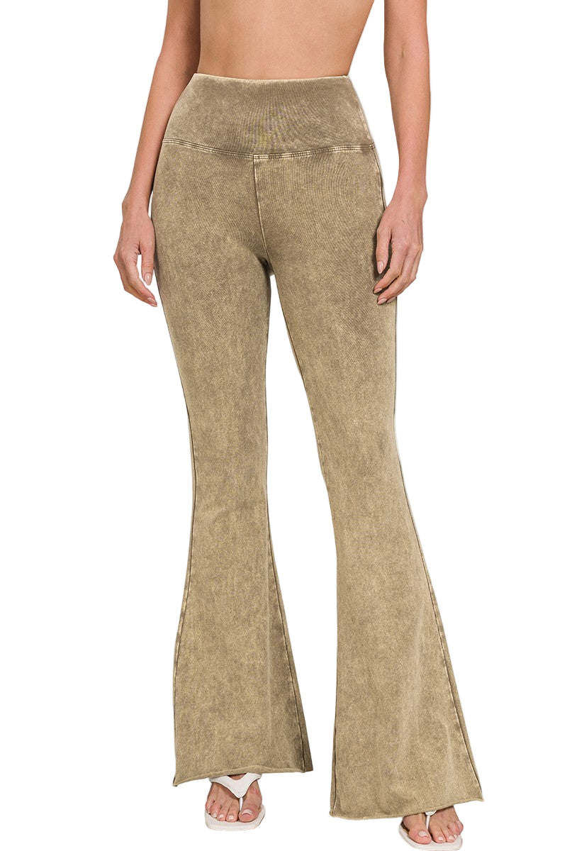 Zenana Acid Washed High Waist Raw Hem Boot Cut Pant - Mocha - Front View