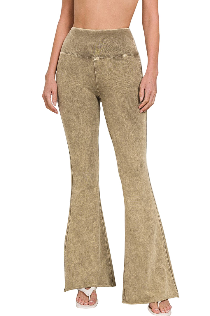 Zenana Acid Washed High Waist Raw Hem Boot Cut Pant - Mocha - Front View