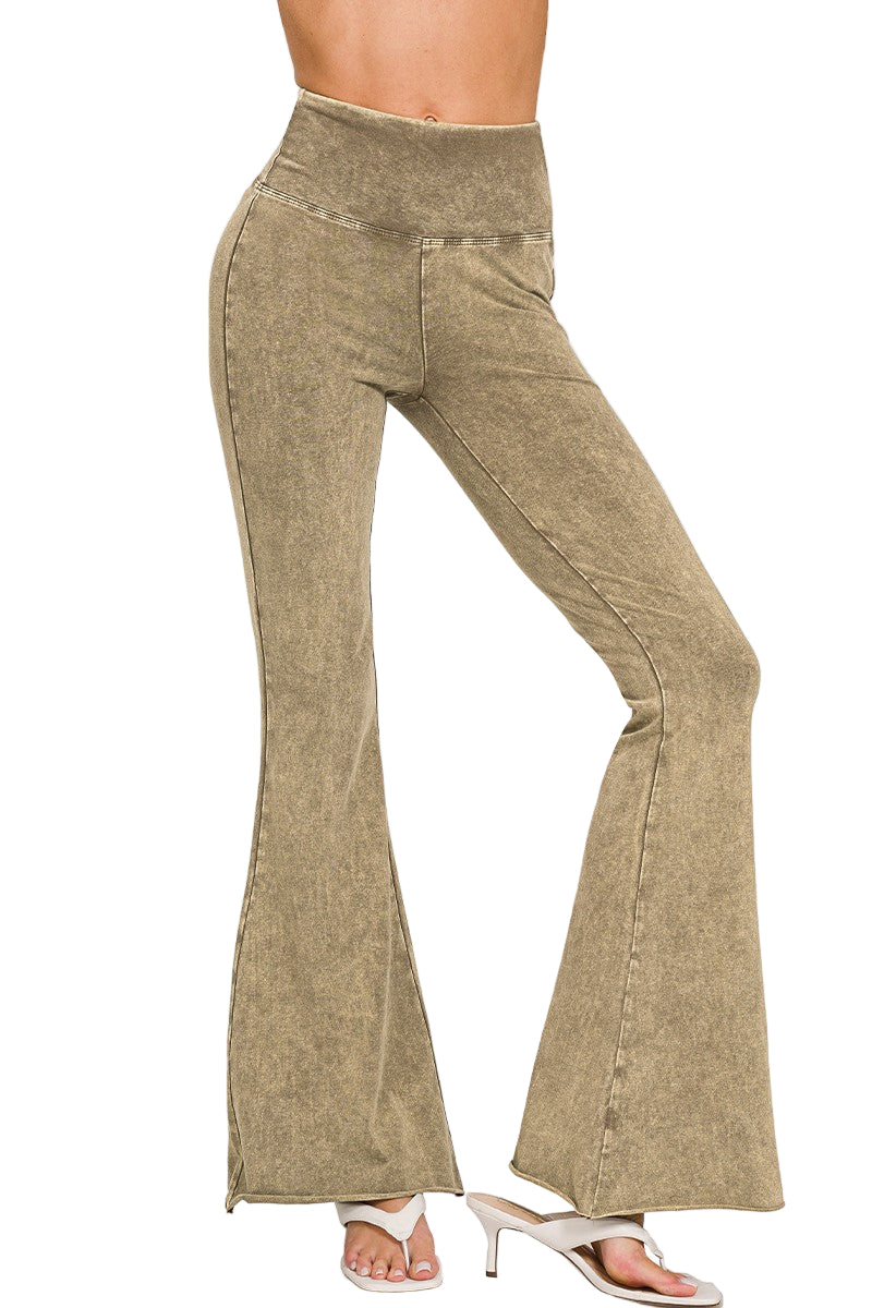 Zenana Acid Washed High Waist Raw Hem Boot Cut Pant - Mocha - Front View
