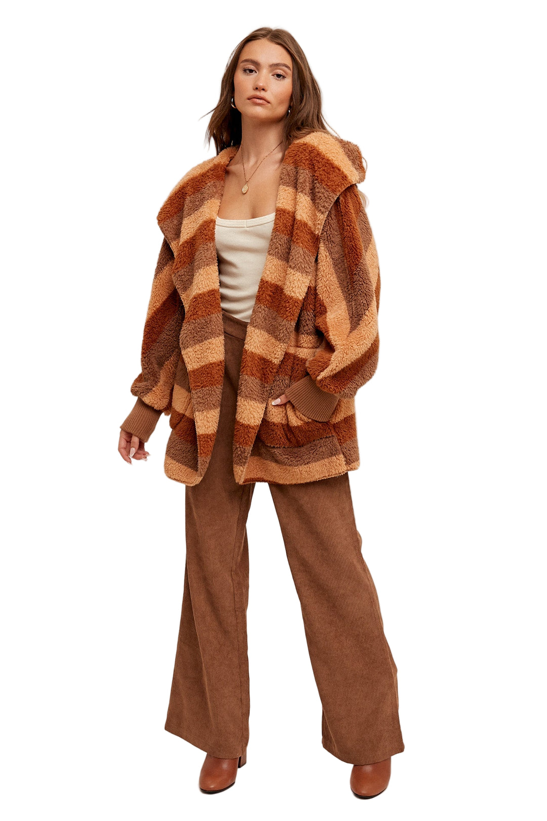 Hem & Thread Multi Color Stripe Oversized Fuzzy Hooded Jacket - Rust and Taupe Stripe - Front Full View