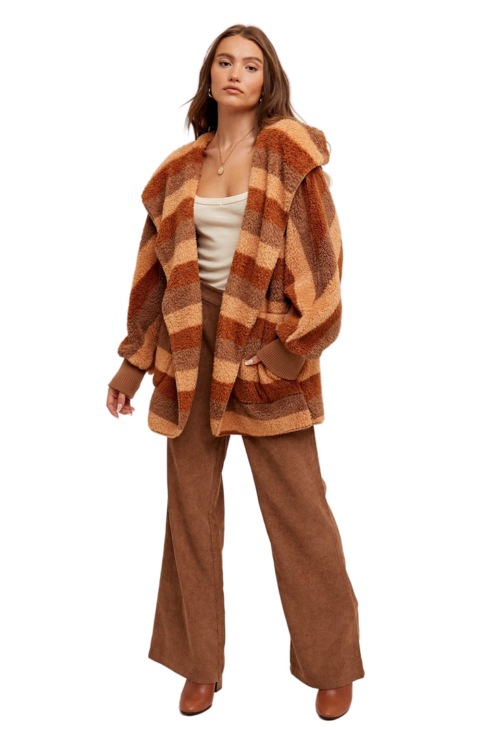Hem & Thread Multi Color Stripe Oversized Fuzzy Hooded Jacket - Rust and Taupe Stripe - Front Full View
