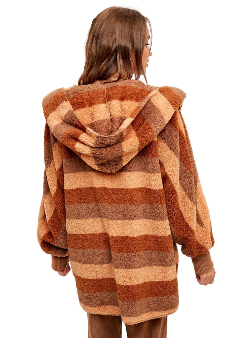 Hem & Thread Multi Color Stripe Oversized Fuzzy Hooded Jacket - Rust and Taupe Stripe - Back View