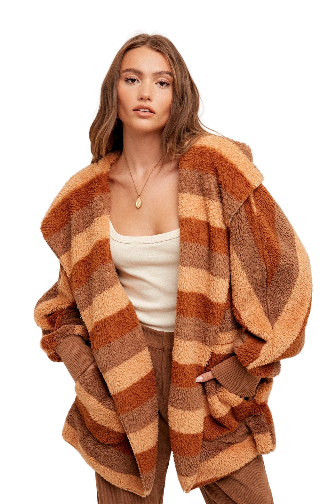 Hem & Thread Multi Color Stripe Oversized Fuzzy Hooded Jacket - Rust and Taupe Stripe - Front View
