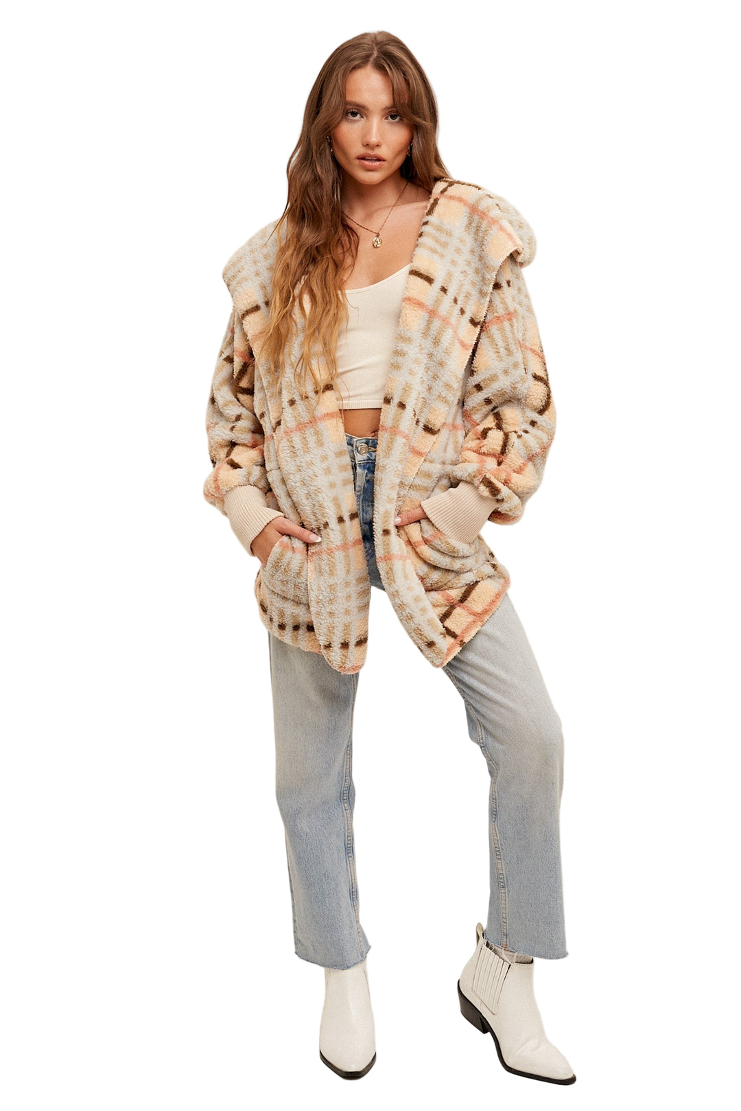 Hem & Thread Multi Color Plaid Oversized Fuzzy Hooded Jacket - Cream Mix - Front Full View