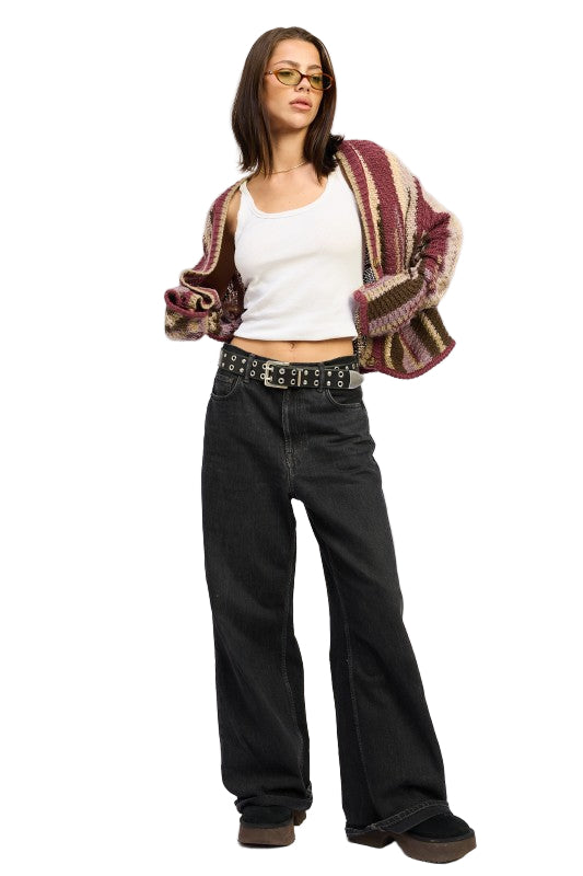 EMORY PARK COLOR MIXED CARDIGAN TOP - Burgundy Combo - Front Full View