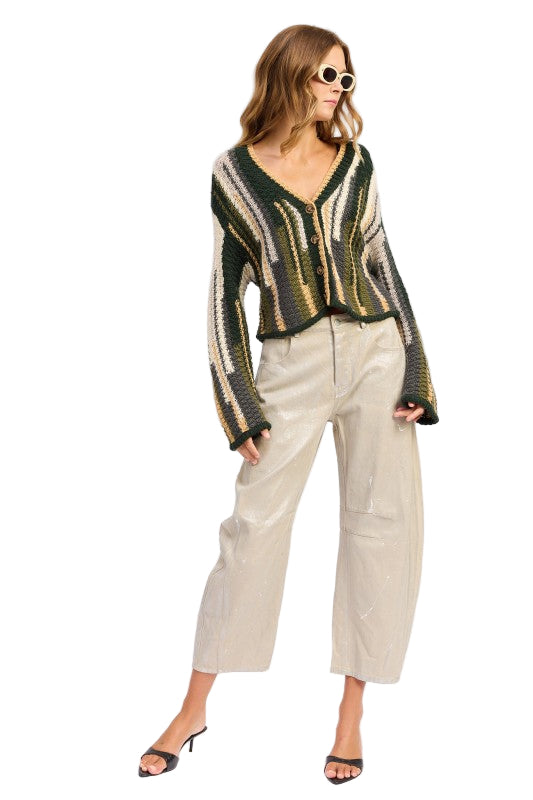 EMORY PARK COLOR MIXED CARDIGAN TOP - Olive Combo - Front Full View