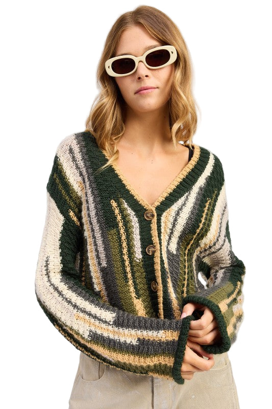EMORY PARK COLOR MIXED CARDIGAN TOP - Olive Combo - Front View