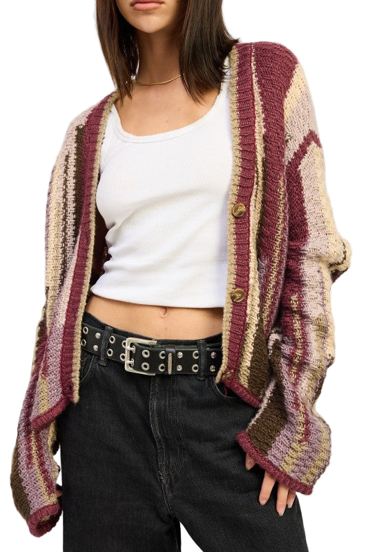 EMORY PARK COLOR MIXED CARDIGAN TOP - Burgundy Combo - Front View