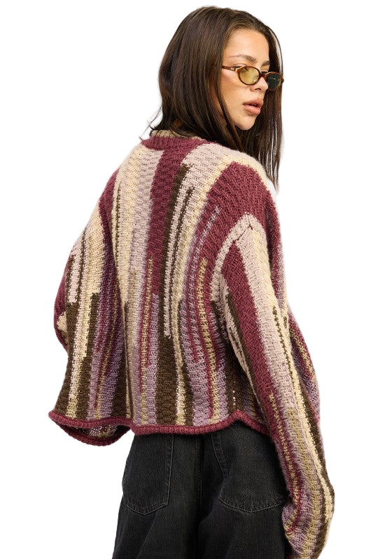 EMORY PARK COLOR MIXED CARDIGAN TOP - Burgundy Combo - Back View