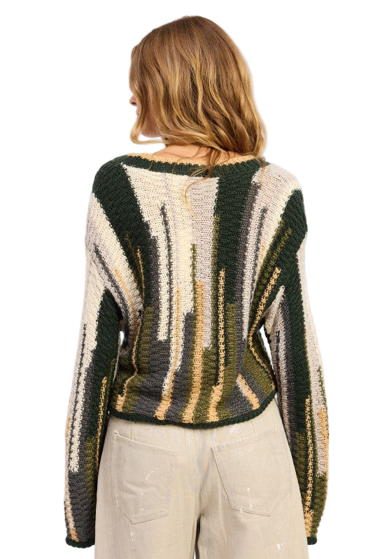 EMORY PARK COLOR MIXED CARDIGAN TOP - Olive Combo - Back View