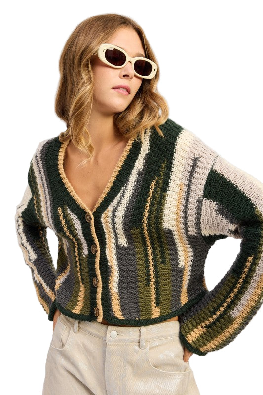 EMORY PARK COLOR MIXED CARDIGAN TOP - Olive Combo - Front View
