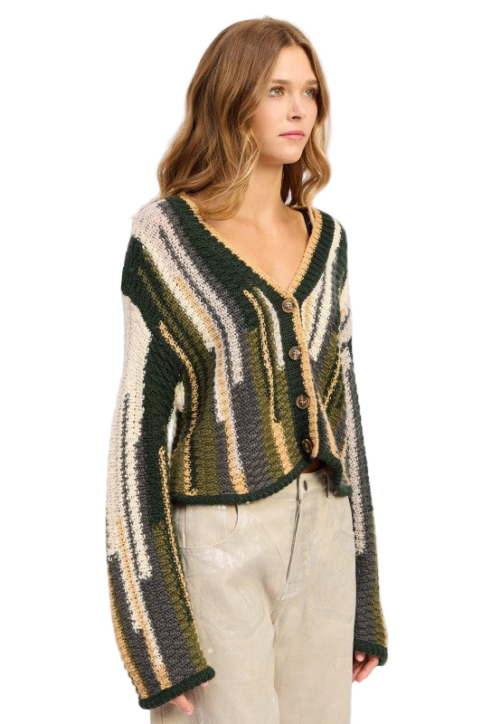 EMORY PARK COLOR MIXED CARDIGAN TOP - Olive Combo - Side View