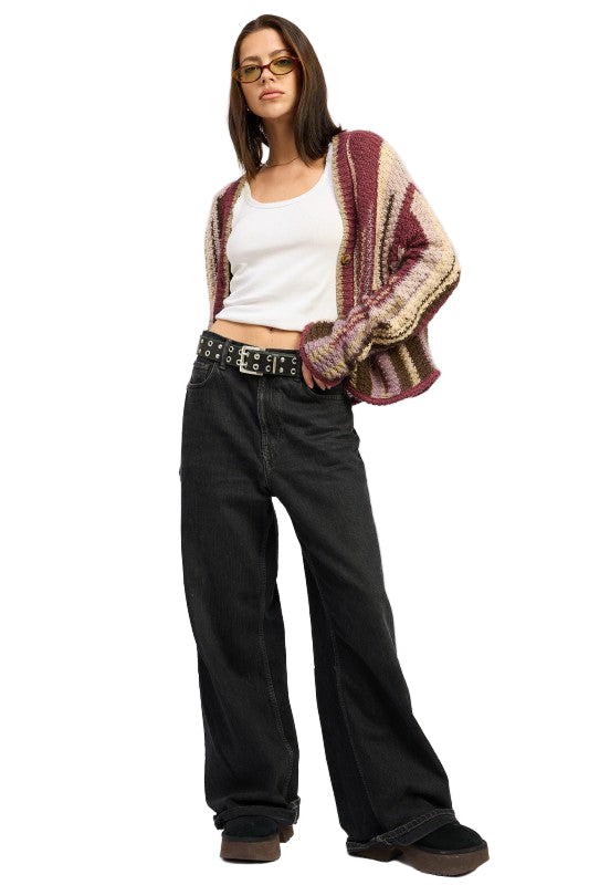 EMORY PARK COLOR MIXED CARDIGAN TOP - Burgundy Combo - Front Full View