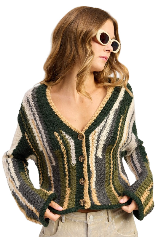 EMORY PARK COLOR MIXED CARDIGAN TOP - Olive Combo - Front View