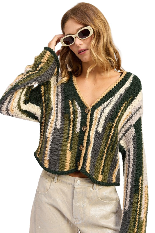 EMORY PARK COLOR MIXED CARDIGAN TOP - Olive Combo - Front View