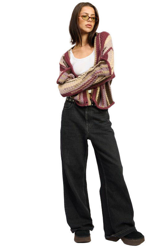 EMORY PARK COLOR MIXED CARDIGAN TOP - Burgundy Combo - Front Full View