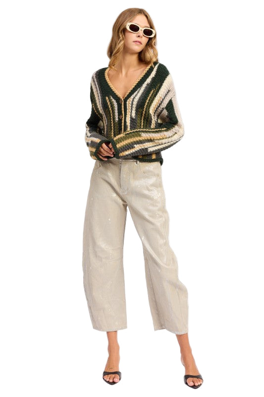 EMORY PARK COLOR MIXED CARDIGAN TOP - Olive Combo - Front Full View