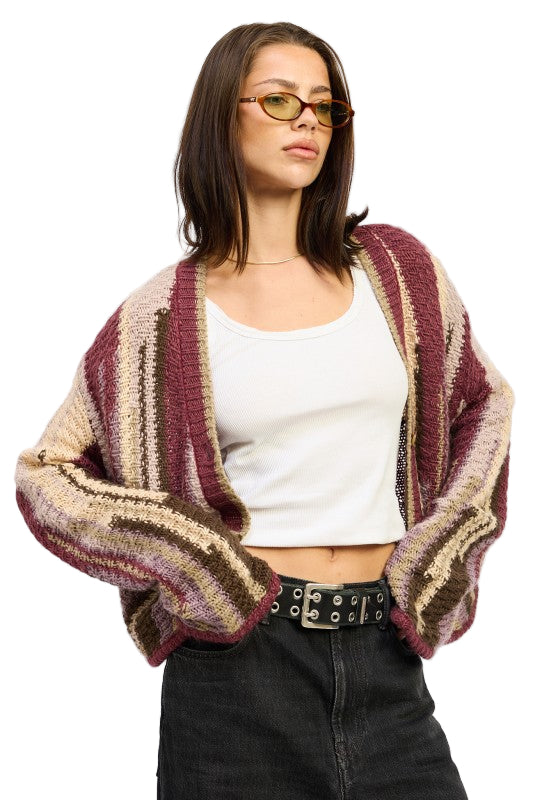EMORY PARK COLOR MIXED CARDIGAN TOP - Burgundy Combo - Side View