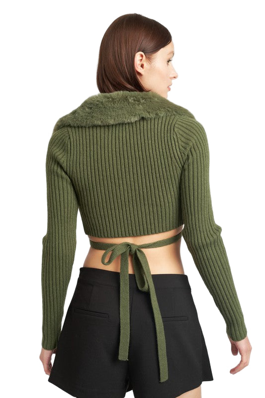 EMORY PARK V NECK CARDIGAN WITH FUR COLLAR - DK - Olive - Back View