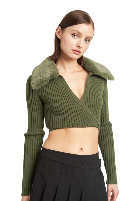 EMORY PARK V NECK CARDIGAN WITH FUR COLLAR - DK - Olive - Side View