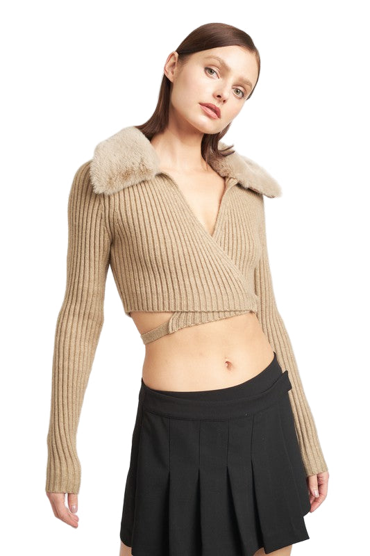 EMORY PARK V NECK CARDIGAN WITH FUR COLLAR - DK - Olive - Oatmeal - Front View