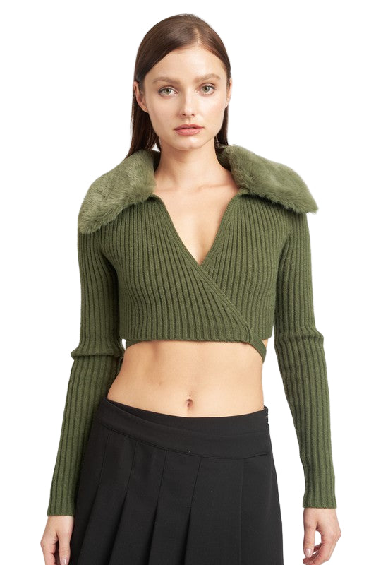 EMORY PARK V NECK CARDIGAN WITH FUR COLLAR - DK - Olive - Front View