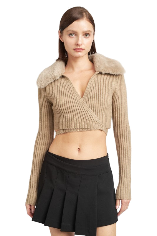 EMORY PARK V NECK CARDIGAN WITH FUR COLLAR - DK - Olive - Oatmeal - Front View