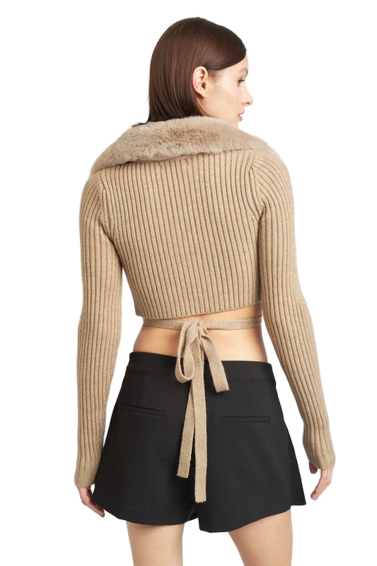 EMORY PARK V NECK CARDIGAN WITH FUR COLLAR - DK - Olive - Oatmeal - Back View