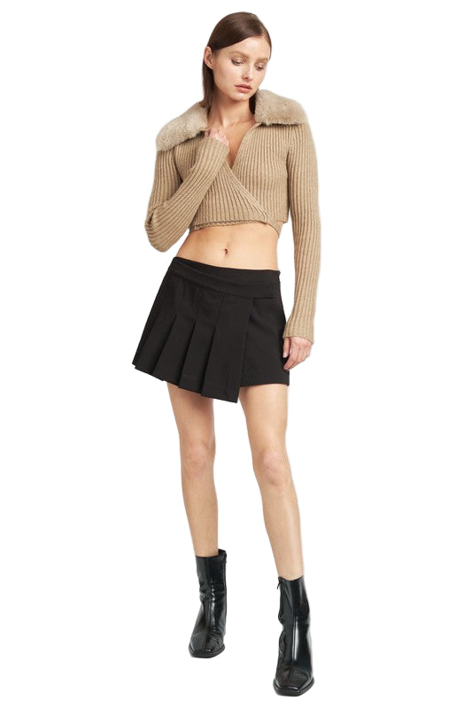 EMORY PARK V NECK CARDIGAN WITH FUR COLLAR - DK - Olive - Oatmeal - Front Full View