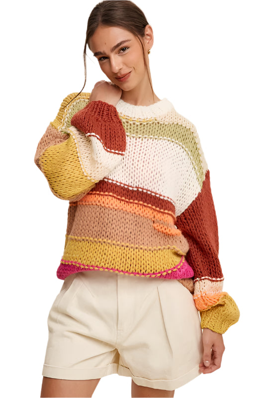 Listicle Open Mixed Knit Slouchy Hand Crochet Sweater