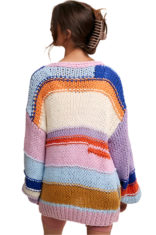 Listicle Hand Knit Multi Striped Cardigan