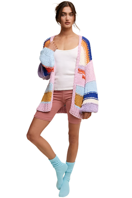 Listicle Hand Knit Multi Striped Cardigan