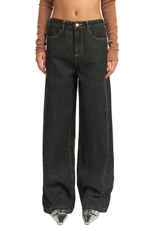 EMORY PARK BOYFRIEND PANTS WITH CONTRASTED STITCHING - Black Denim - Front View
