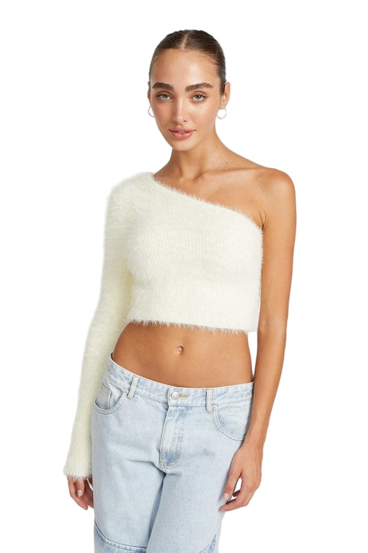 EMORY PARK ONE SHOULDER FLUFFY SWEATER TOP - Cream - Front View
