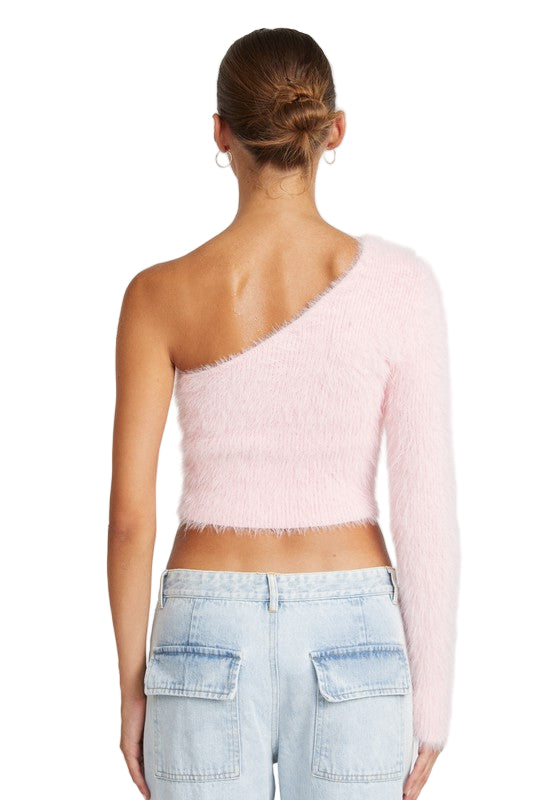 EMORY PARK ONE SHOULDER FLUFFY SWEATER TOP - Pink - Back View