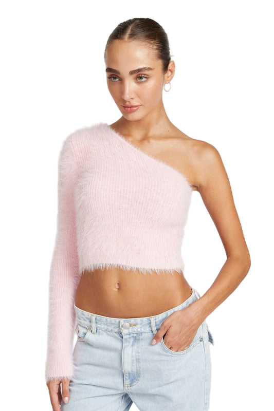 EMORY PARK ONE SHOULDER FLUFFY SWEATER TOP - Pink - Front View