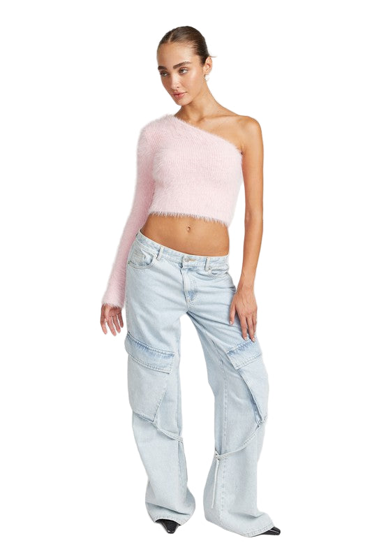 EMORY PARK ONE SHOULDER FLUFFY SWEATER TOP - Pink - Front Full View