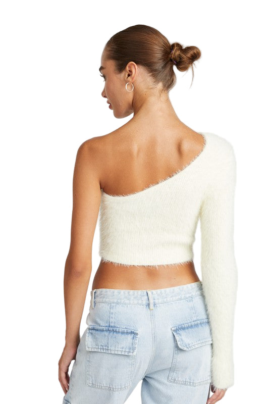 EMORY PARK ONE SHOULDER FLUFFY SWEATER TOP - Cream - Back View